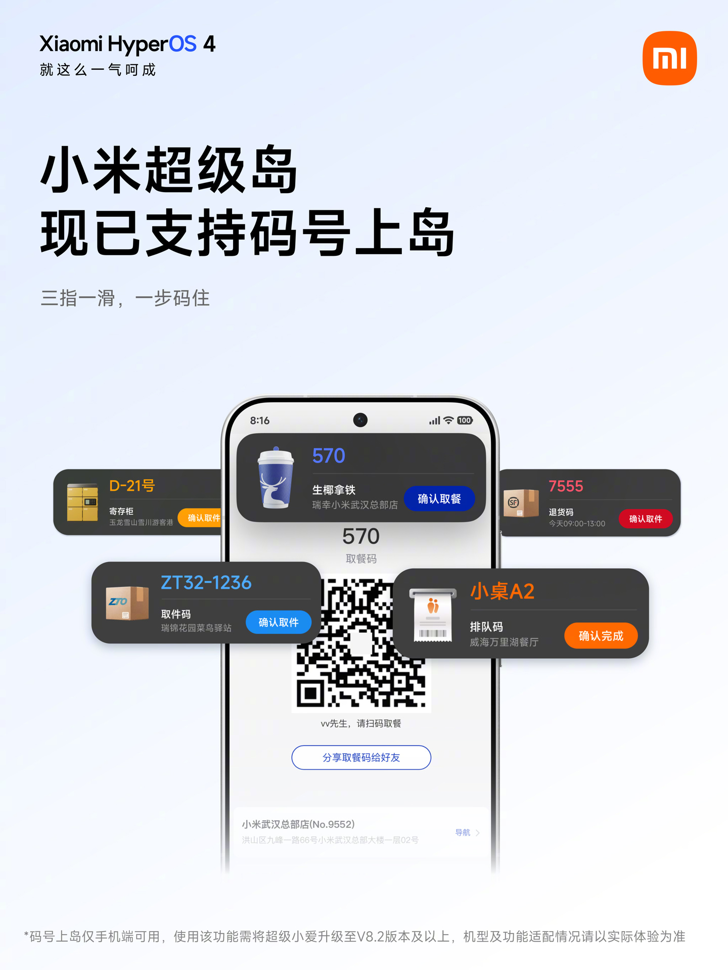 小米澎湃OS超级岛更新:三指一滑查看取餐取件码