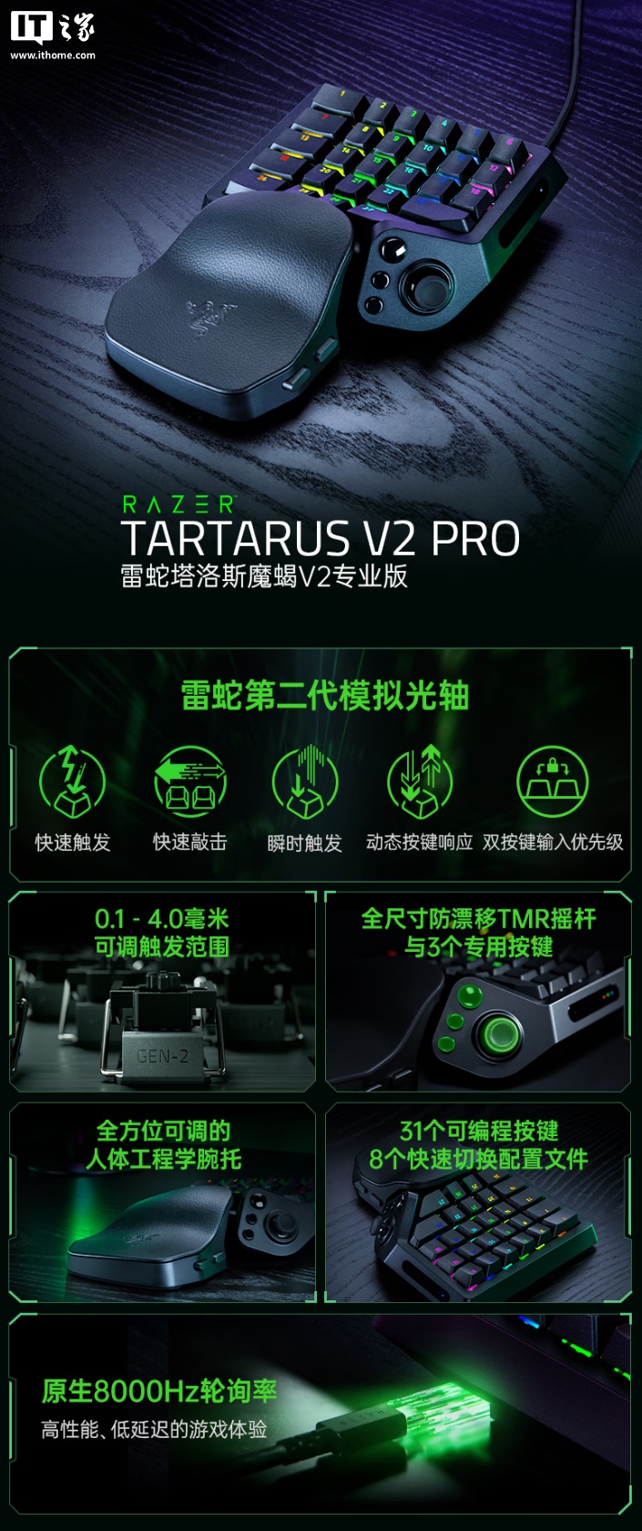 雷蛇发布塔洛斯魔蝎 V2 专业版单手键盘:1599 元,配 TMR 摇杆与 8000Hz 轮询率