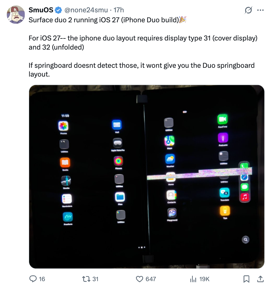 开发者成功在 Surface Duo 2 上启动 iPhone Duo 版 iOS 27