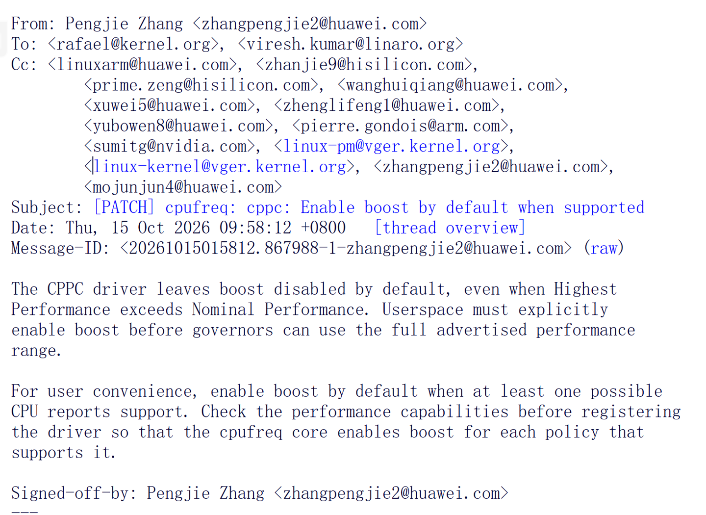 华为提议 Linux 默认开启 ACPI CPPC CPU Boost,Arm 工程师提出不同看法