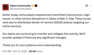 《战争机器：事变日》服务器遭 DDoS 攻击，官方确认玩家或频繁掉线