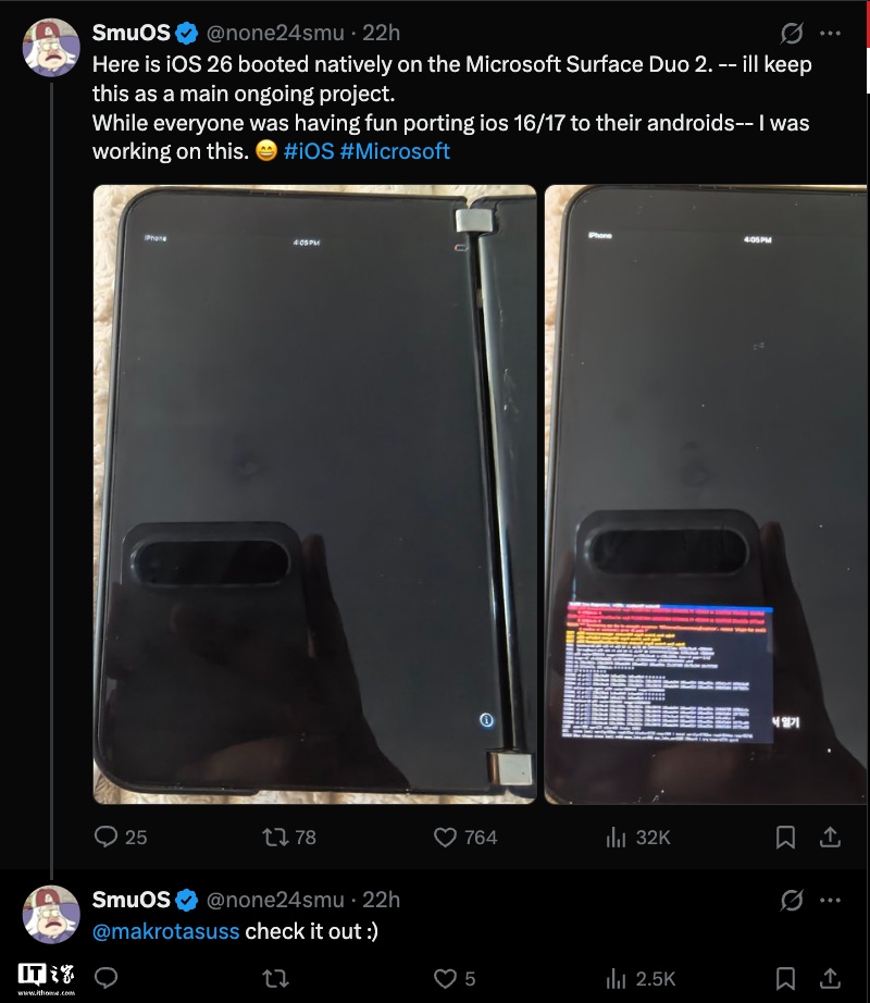 开发者让 Surface Duo 2 运行 iOS/iPadOS 26,双屏帧率提升至每秒 37 帧